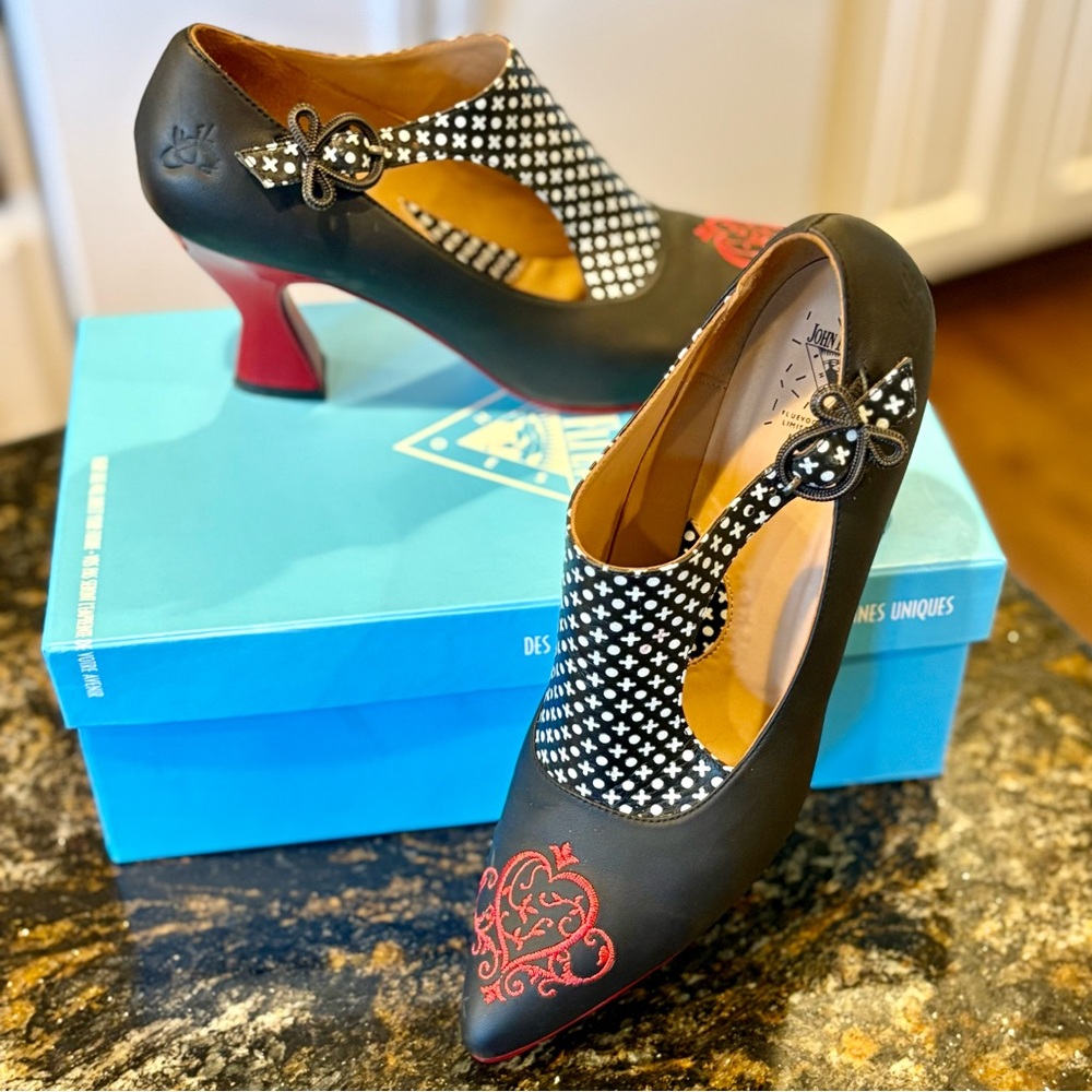 John Fluevog Black Heels with Red and White Accents - Picture 3 of 9